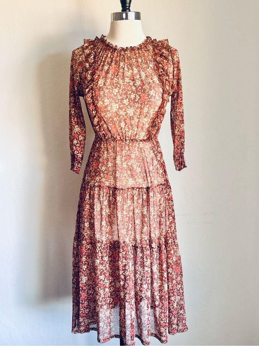 Velvet Torch Rust Floral Tiered 3/4 Sleeve Mesh Midi Dress